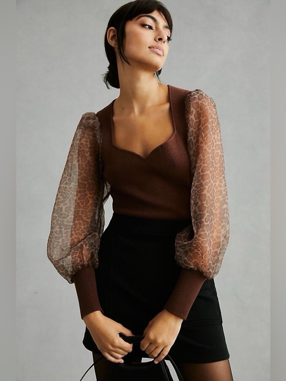 Anthropologie | DOLAN Puff-Sleeve Sweater Brown Twofer size XXS Leopard Boho